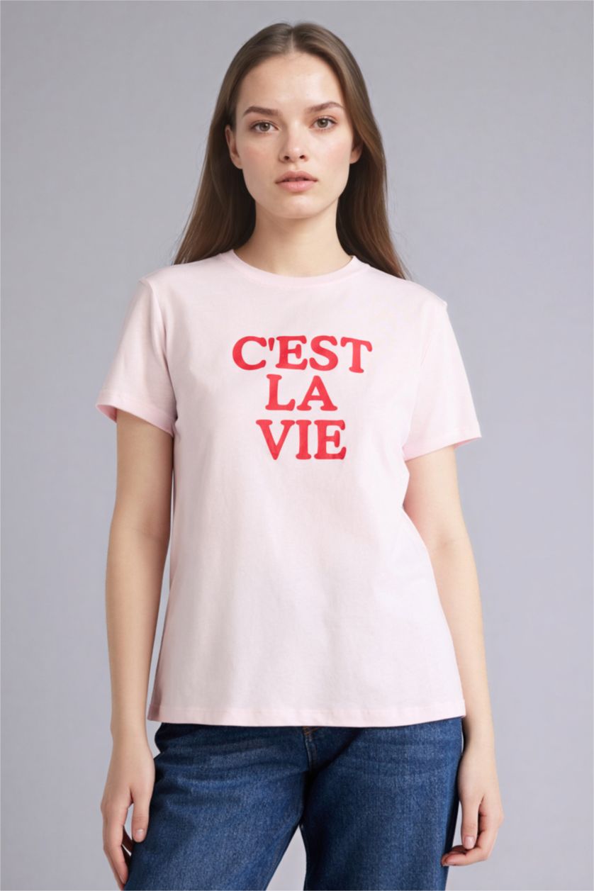 Kadın Açık Pembe Slogan Baskılı Penye Kısa Kollu Tişört