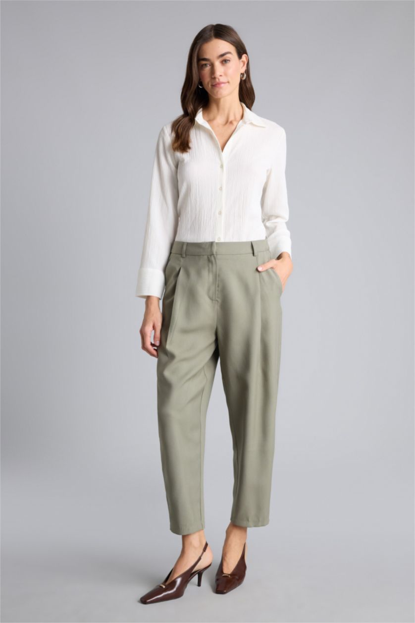 Kadın Açık Haki Straıght Fıt Fermuarlı Normal Bel Modal Pantolon