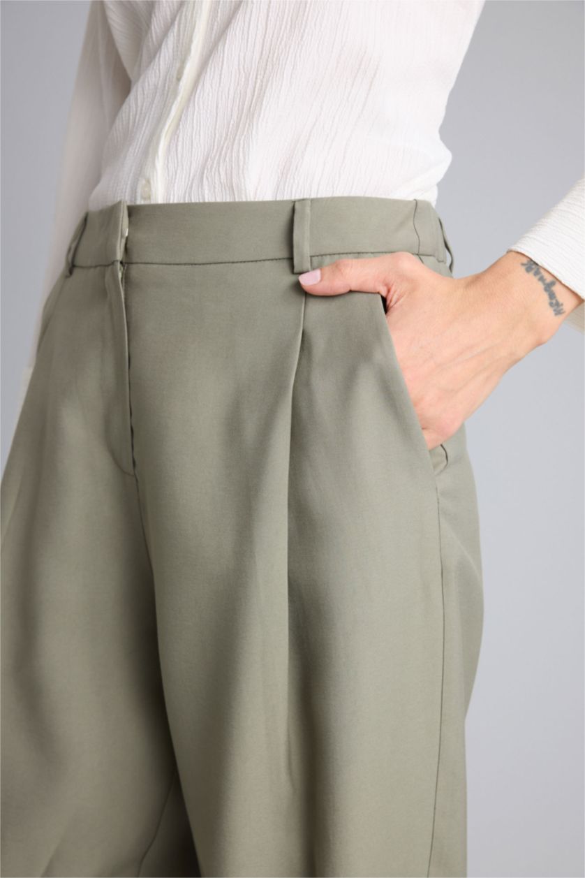 Kadın Açık Haki Straıght Fıt Fermuarlı Normal Bel Modal Pantolon