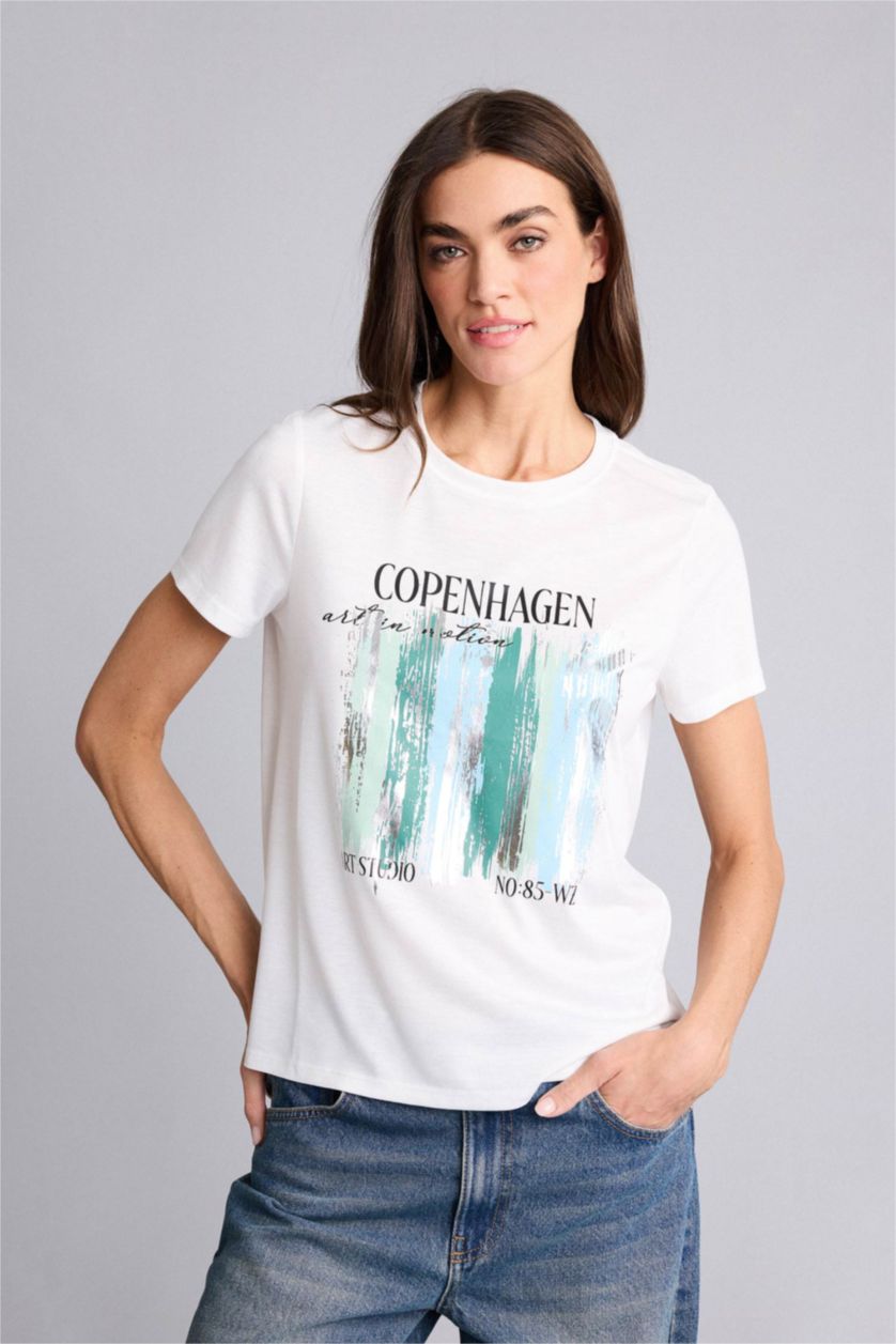 Женщины Светло-желтый Трикотажная футболка Regular Fit с круглым вырезом принтом-слоганом и коротким рукавом