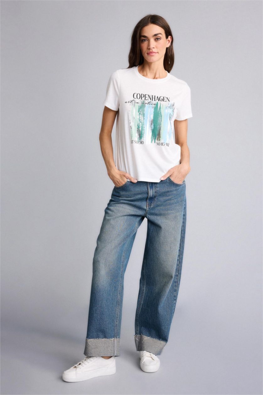 Женщины Светло-желтый Трикотажная футболка Regular Fit с круглым вырезом принтом-слоганом и коротким рукавом