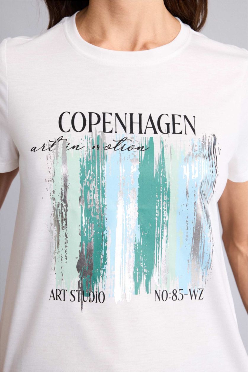 Женщины Светло-желтый Трикотажная футболка Regular Fit с круглым вырезом принтом-слоганом и коротким рукавом