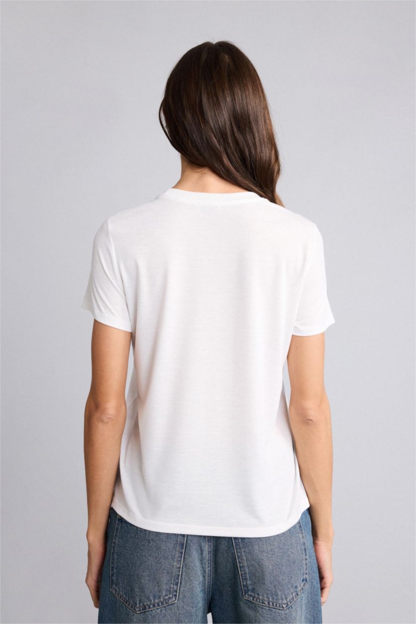 Женщины Светло-желтый Трикотажная футболка Regular Fit с круглым вырезом принтом-слоганом и коротким рукавом