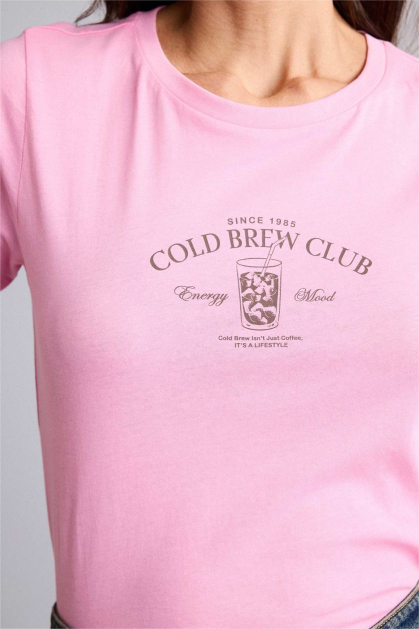 Женщины Розовый Трикотажная футболка Regular Fit с круглым вырезом принтом-слоганом и коротким рукавом