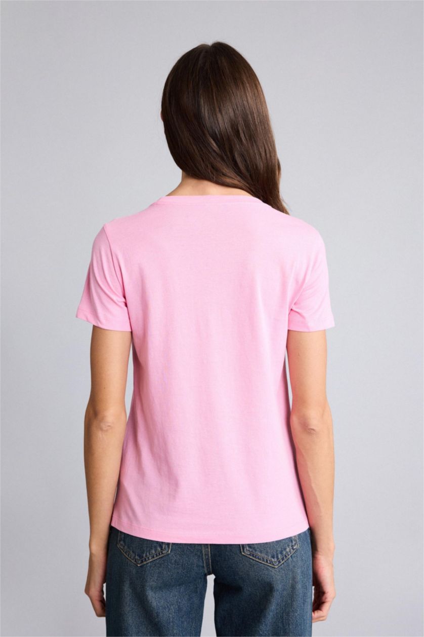 Женщины Розовый Трикотажная футболка Regular Fit с круглым вырезом принтом-слоганом и коротким рукавом