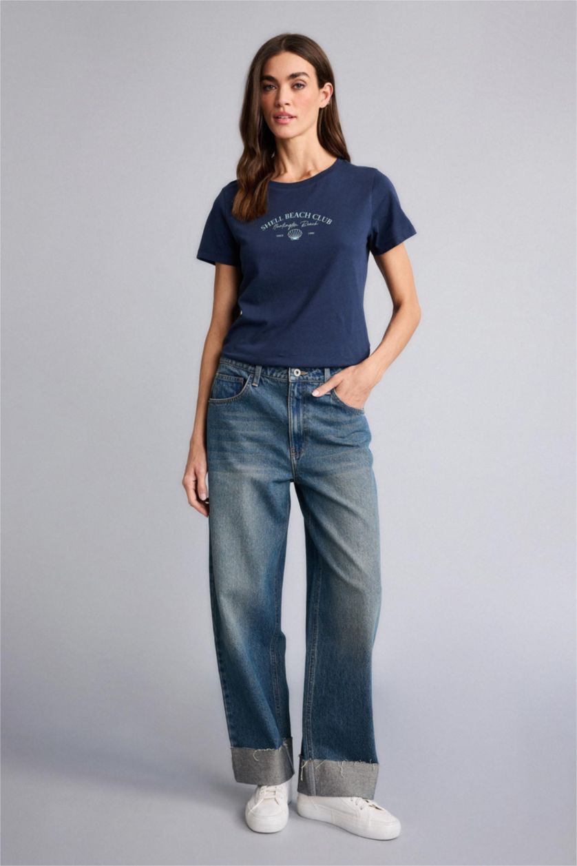 Женщины Синий Трикотажная футболка Regular Fit с круглым вырезом принтом-слоганом и коротким рукавом