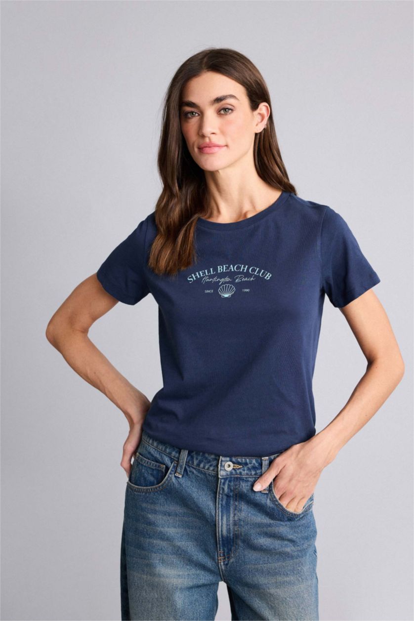 Женщины Синий Трикотажная футболка Regular Fit с круглым вырезом принтом-слоганом и коротким рукавом