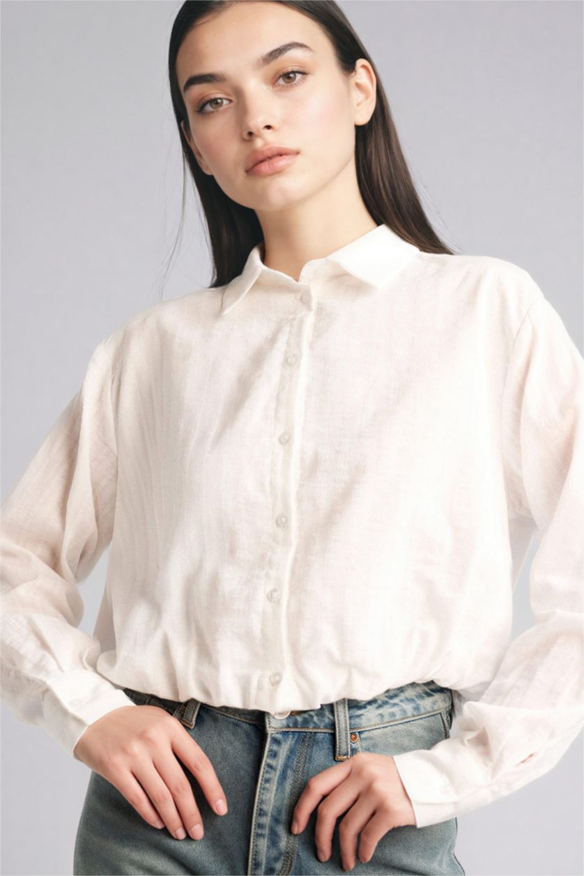 Woman White Oversize Fit Shirt Collar Cotton Long Sleeve Shirt