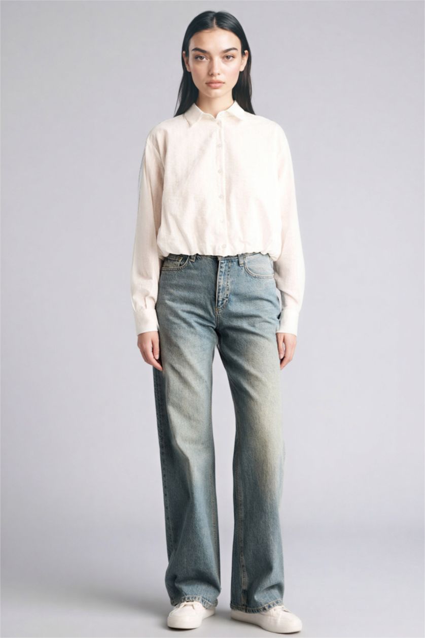 Woman White Oversize Fit Shirt Collar Cotton Long Sleeve Shirt