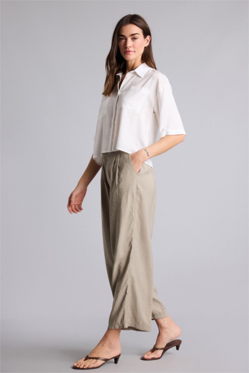 Kadın Haki Normal Bel Wıde Leg Pantolon