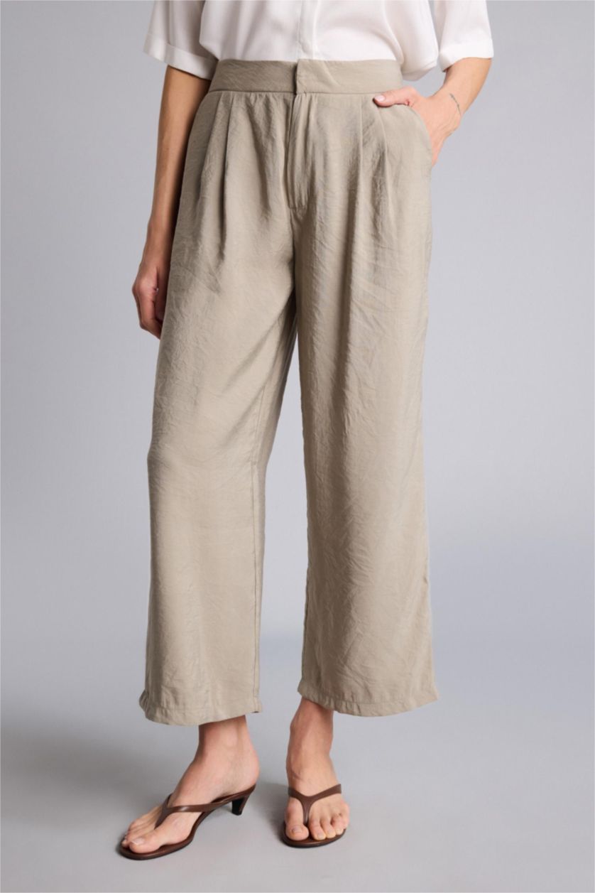 Kadın Haki Normal Bel Wıde Leg Pantolon