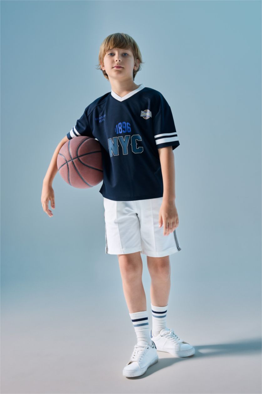 BOYS & TEENS NAVY Oversize Fit V-Neck Navy Printed Short Sleeve T-Shirt