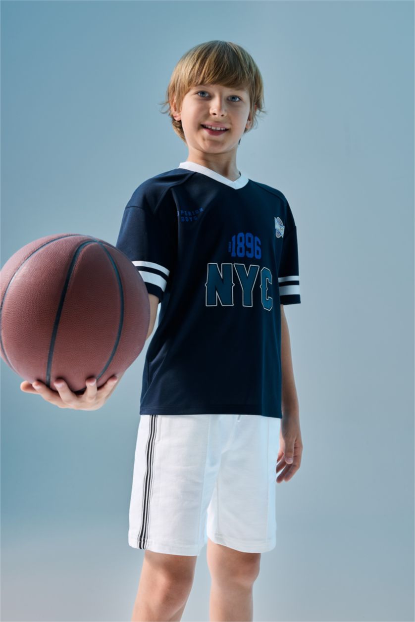 BOYS & TEENS NAVY Oversize Fit V-Neck Navy Printed Short Sleeve T-Shirt
