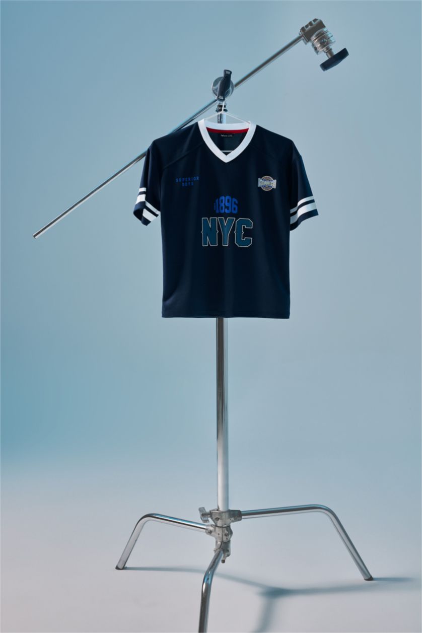 BOYS & TEENS NAVY Oversize Fit V-Neck Navy Printed Short Sleeve T-Shirt