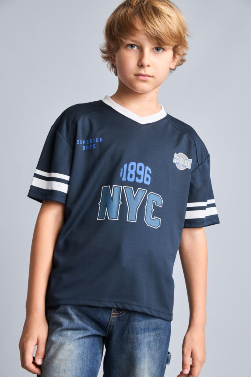 BOYS & TEENS NAVY Oversize Fit V-Neck Navy Printed Short Sleeve T-Shirt