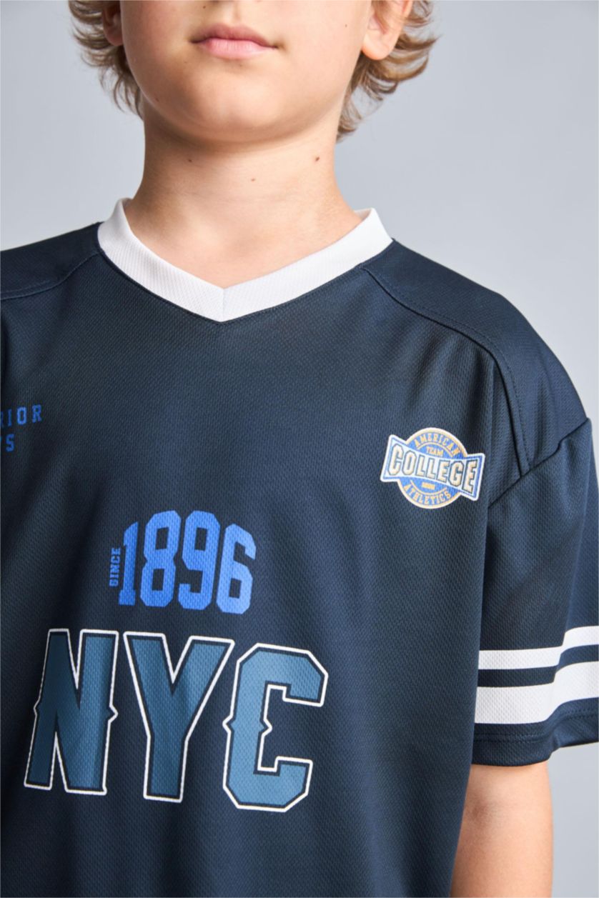 BOYS & TEENS NAVY Oversize Fit V-Neck Navy Printed Short Sleeve T-Shirt