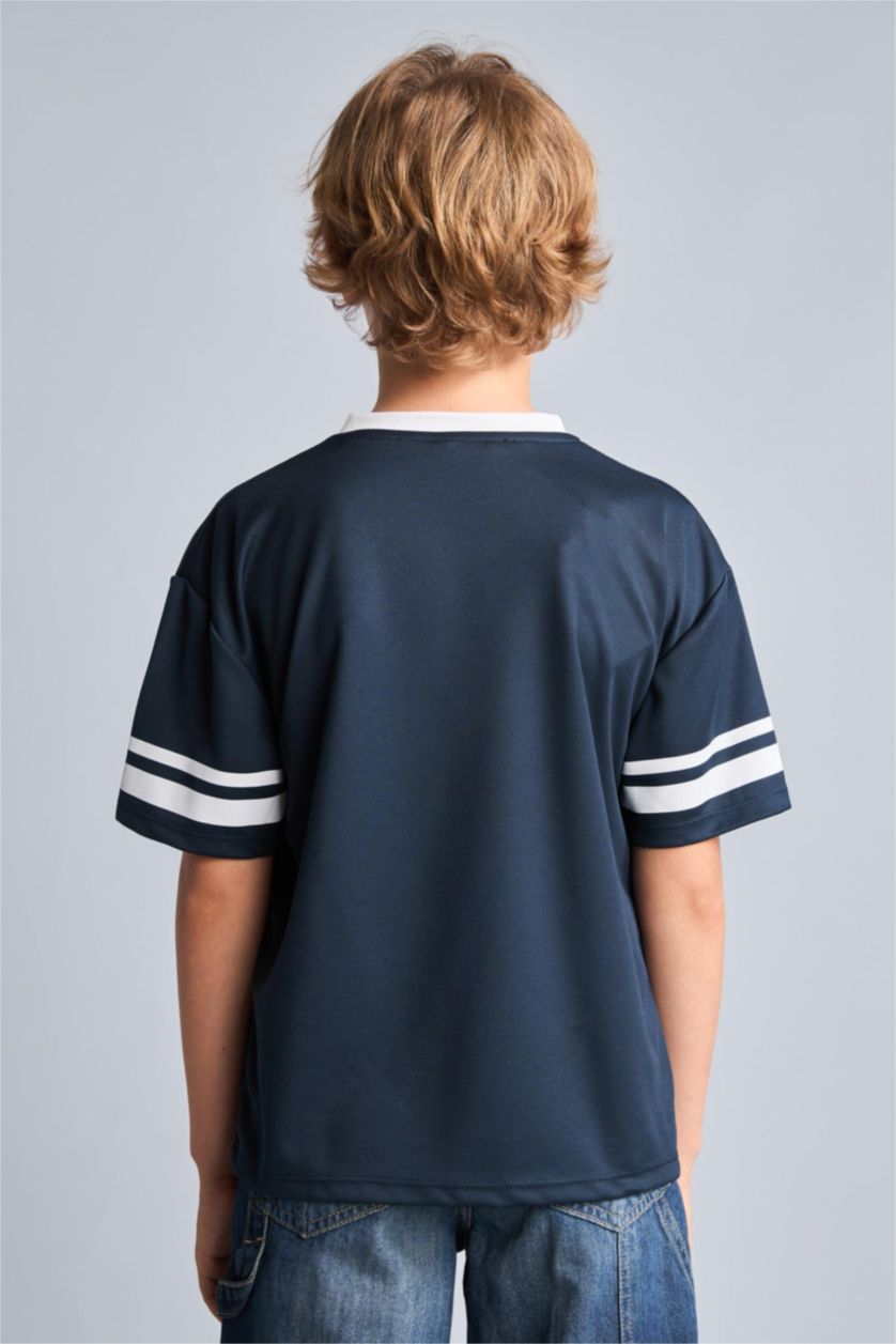 BOYS & TEENS NAVY Oversize Fit V-Neck Navy Printed Short Sleeve T-Shirt