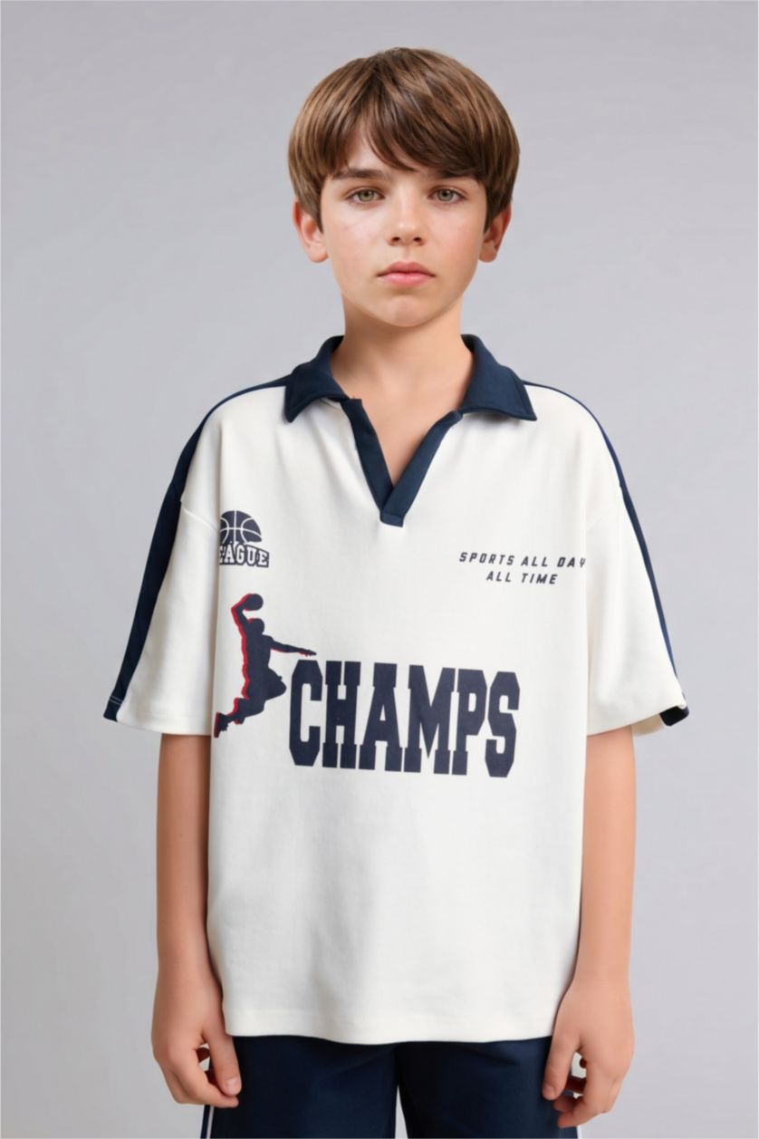 Мальчики и подростки Бежевый Boy Oversize Fit Printed Short Sleeve Polo T-Shirt
