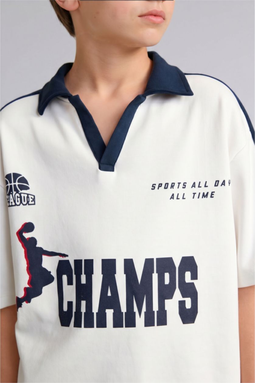 Мальчики и подростки Бежевый Boy Oversize Fit Printed Short Sleeve Polo T-Shirt