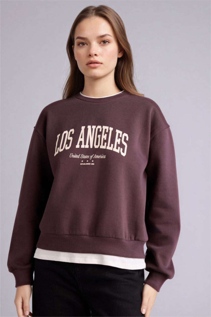 Woman Brown Relax Fit Slogan Long Sleeve Sweatshirt