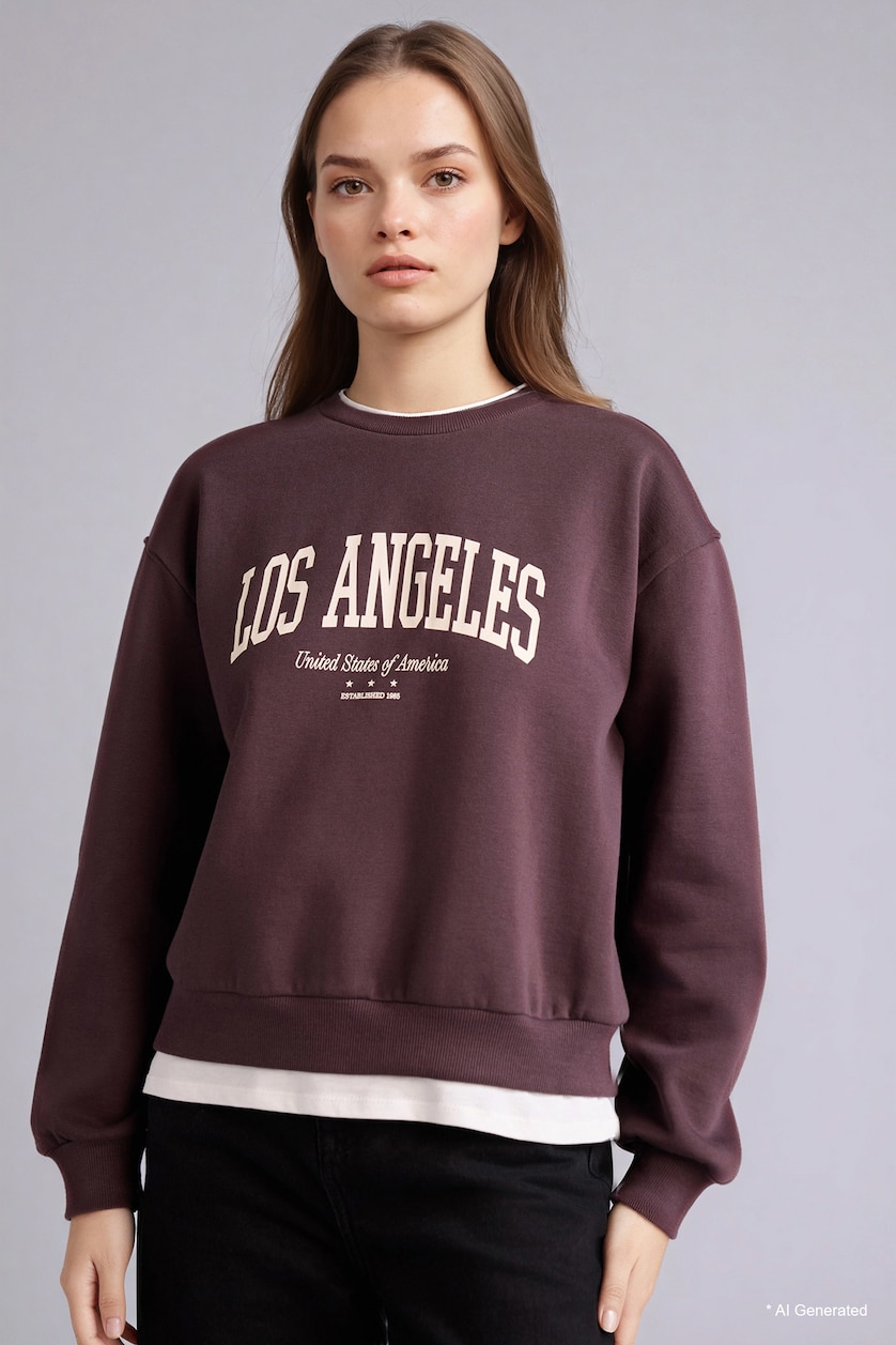 Kadın Kahve Relax Fıt Baskılı Sweatshirt