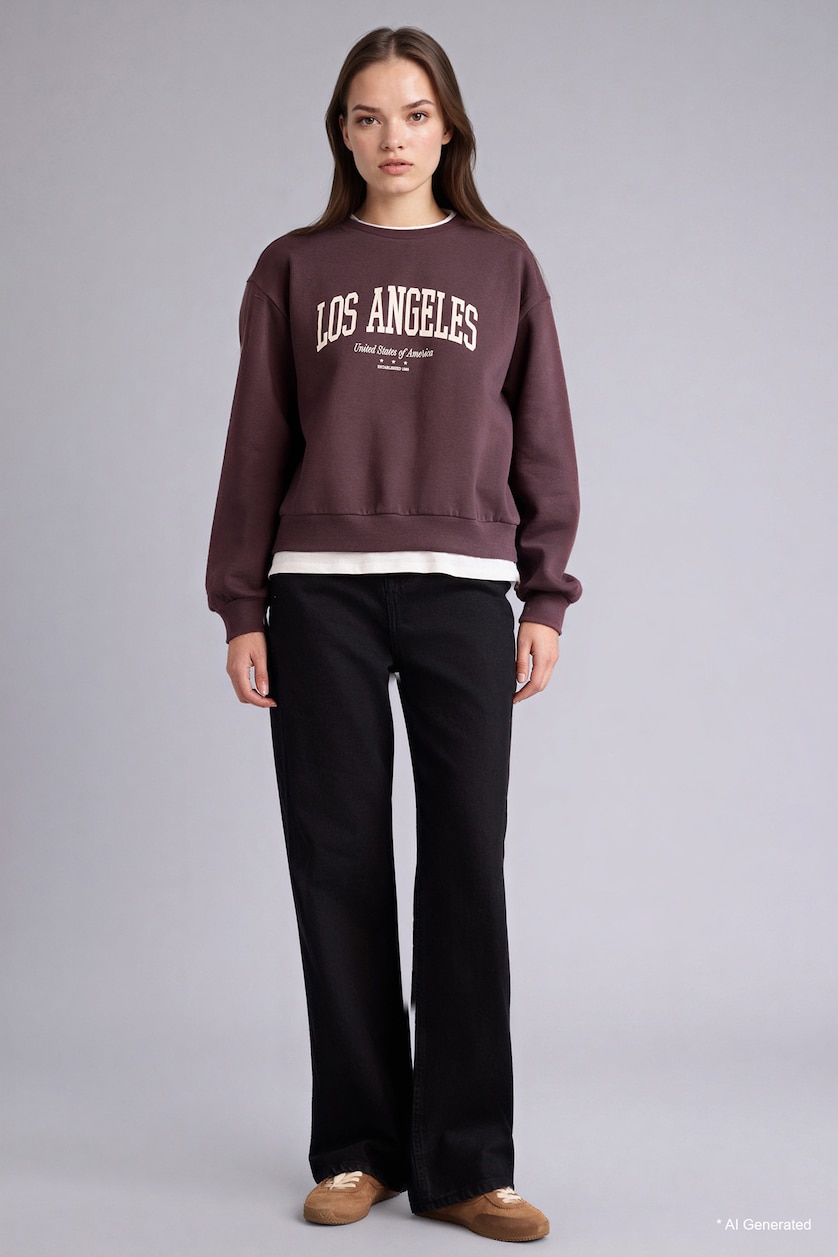 Kadın Kahve Relax Fıt Baskılı Sweatshirt