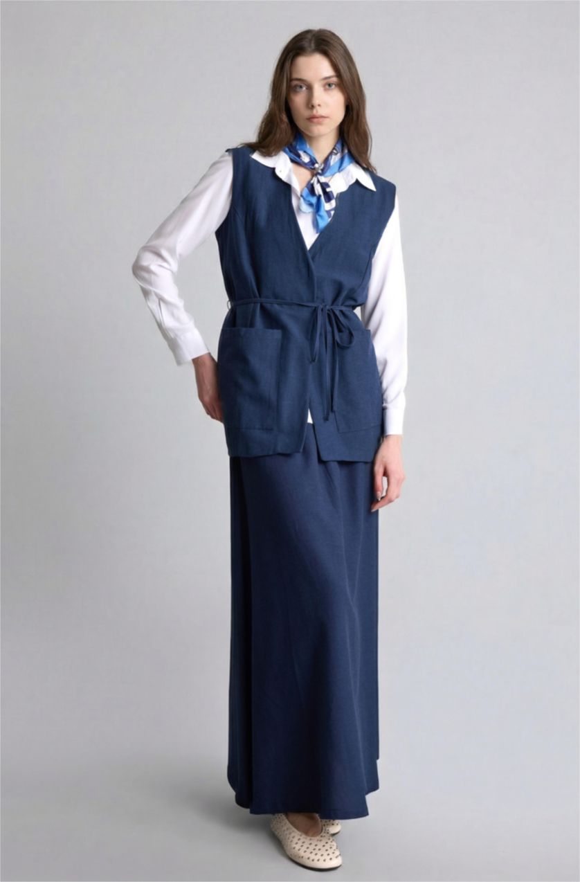 Kadın Lacivert A Kesim Keten Etek