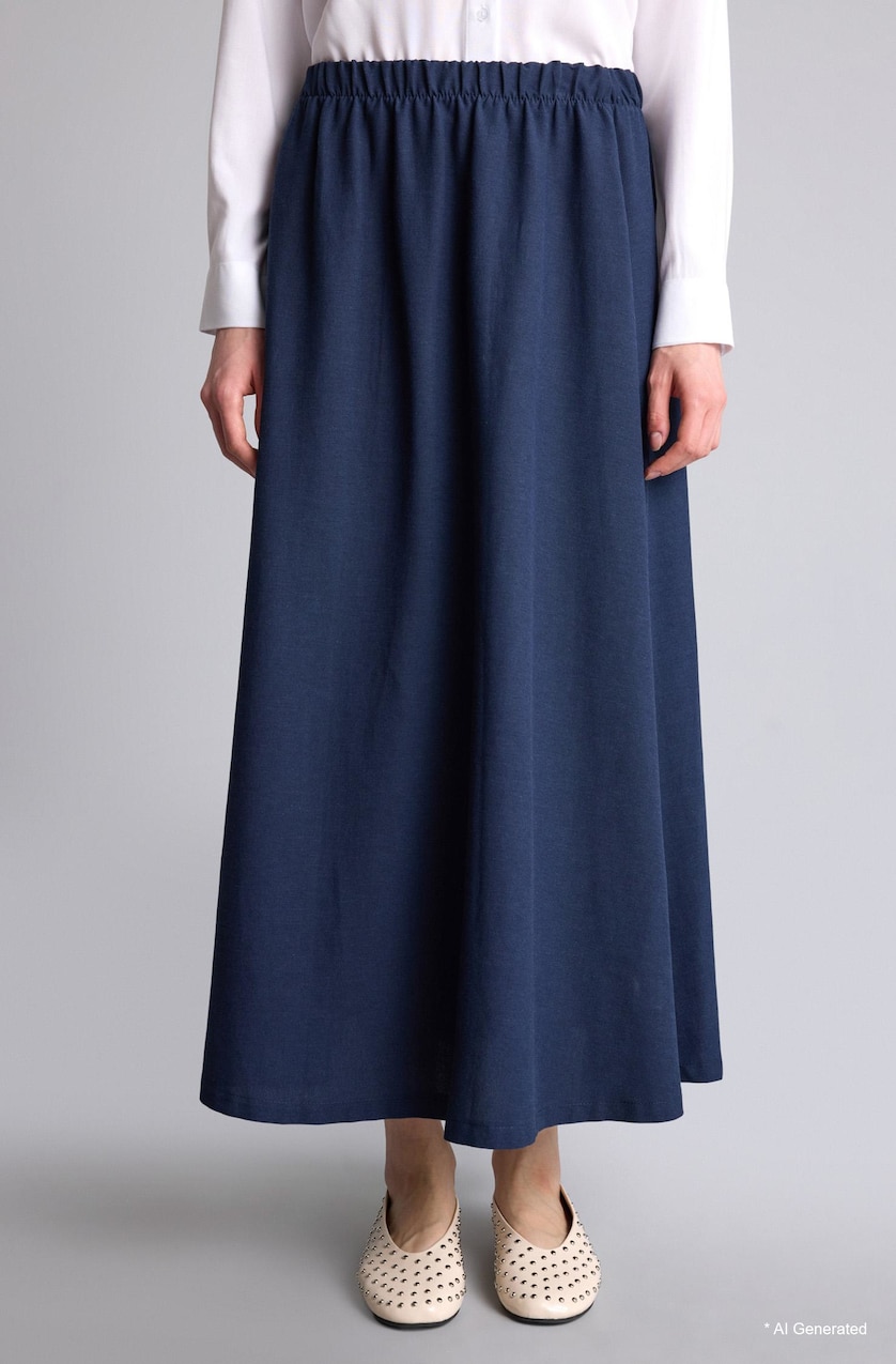 Women NAVY A Cut Linen Skirt