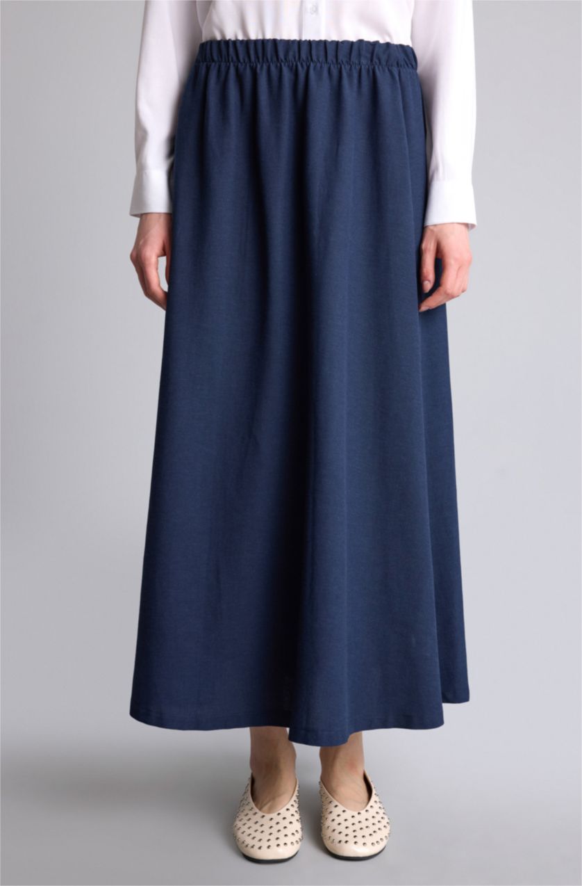 Kadın Lacivert A Kesim Keten Etek