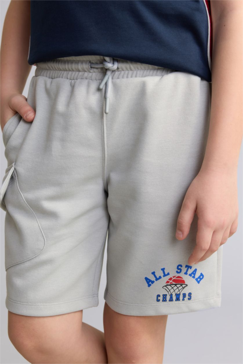 Erkek Çocuk - Genç Erkek Açık Gri Spor Baskılı Şort Erkek Çocuk