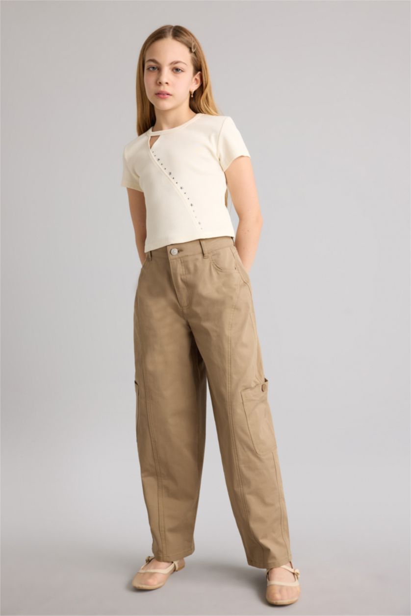 Kız Çocuk - Genç Kız Açık Haki Baggy Fıt Gabardin Pantolon Kız Çocuk