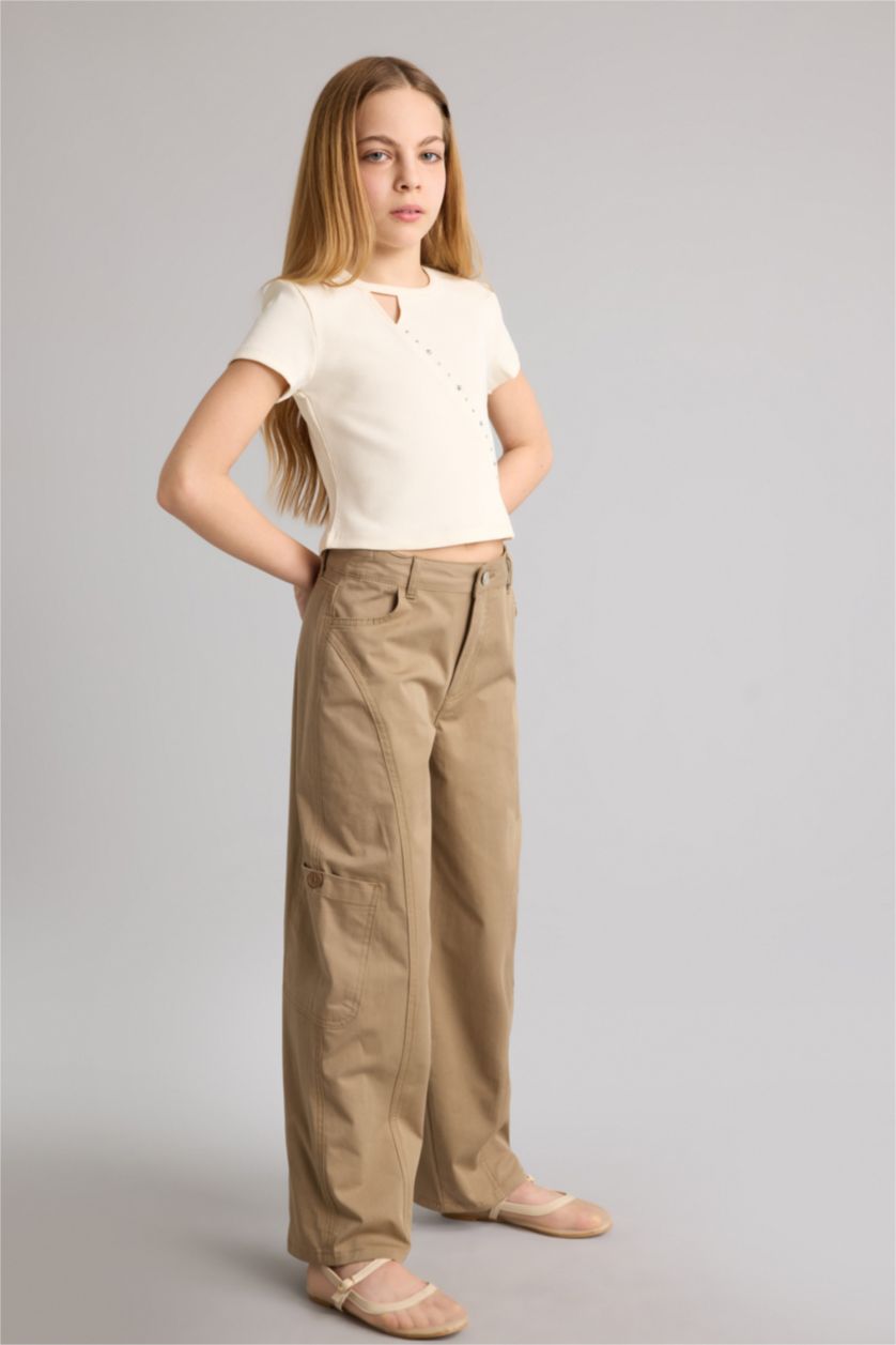 Kız Çocuk - Genç Kız Açık Haki Baggy Fıt Gabardin Pantolon Kız Çocuk