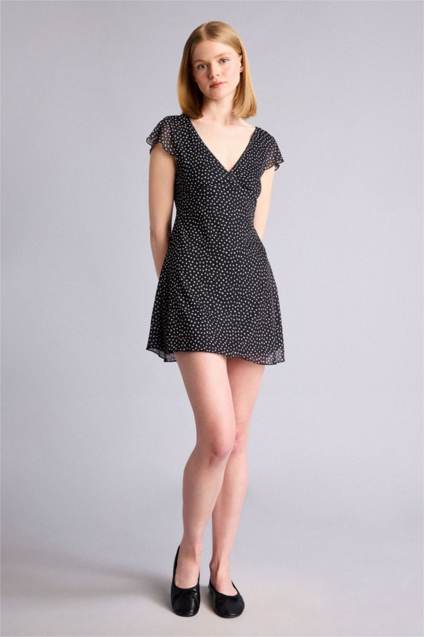 Kadın Siyah Puantiyeli Kısa Kollu Mini Elbise