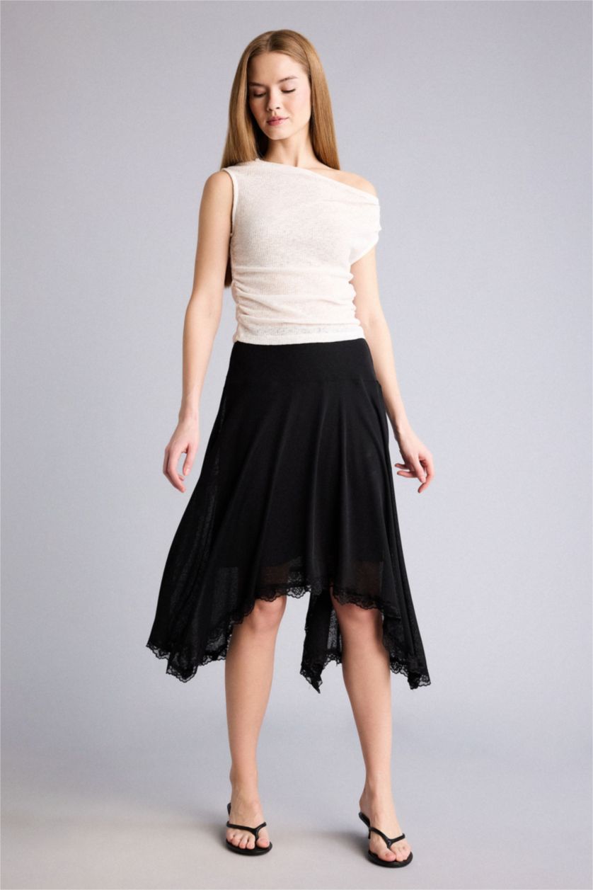 WOMAN Black Asymmetric Crepe Normal Waist Midi Knitted Skirt