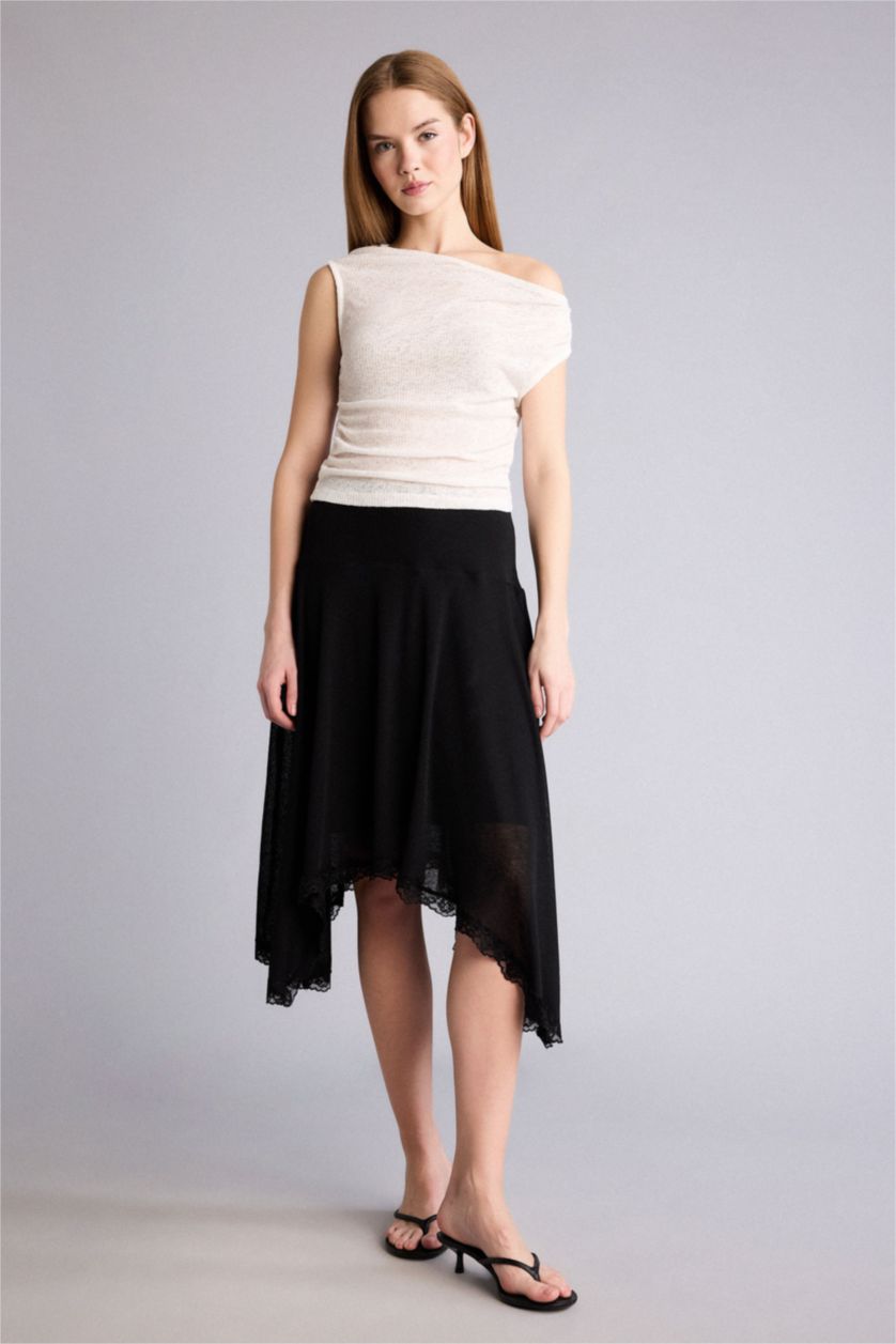 WOMAN Black Asymmetric Crepe Normal Waist Midi Knitted Skirt