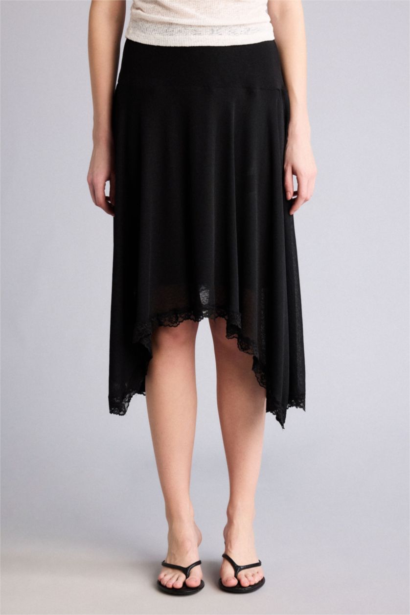 WOMAN Black Asymmetric Crepe Normal Waist Midi Knitted Skirt