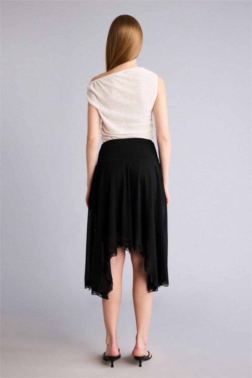 WOMAN Black Asymmetric Crepe Normal Waist Midi Knitted Skirt