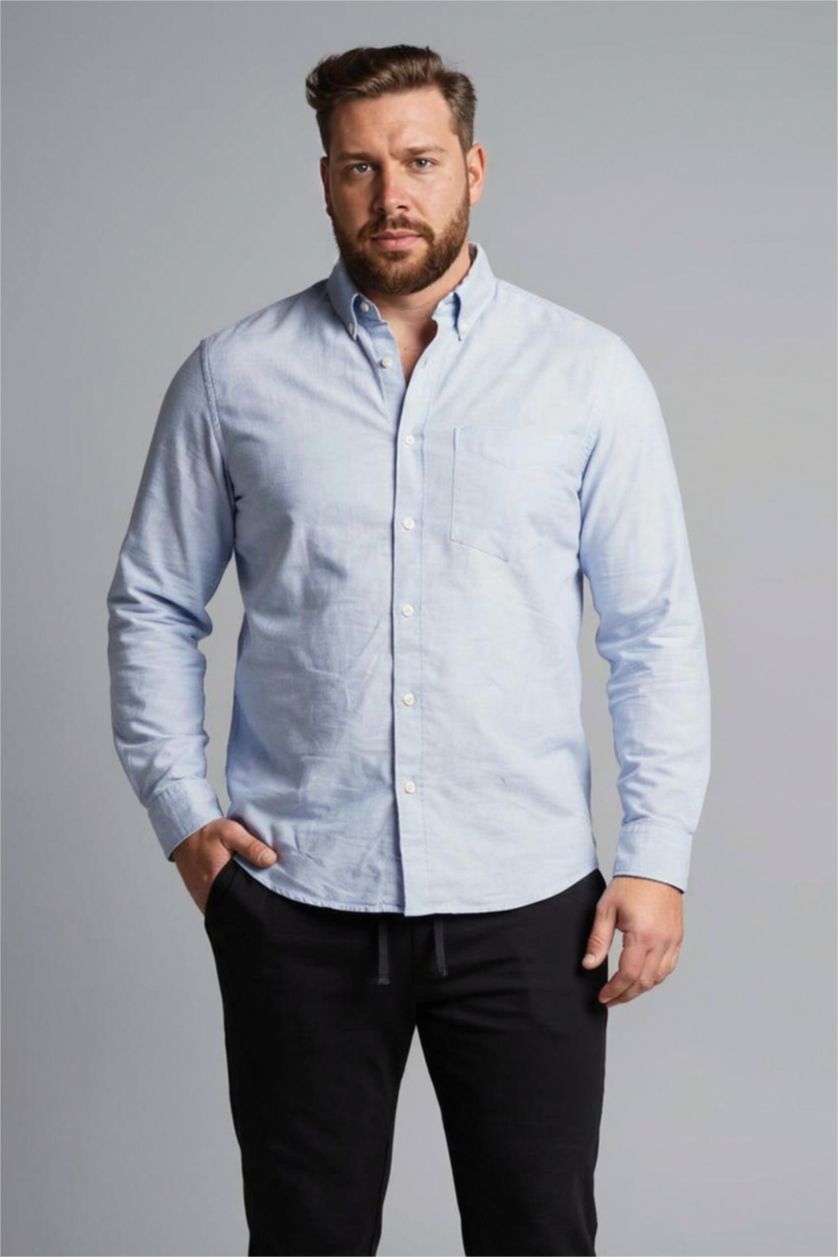 Erkek Mavi Büyük Beden Polo Yaka Pamuklu Gömlek