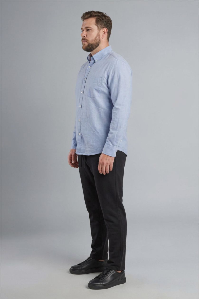 Erkek Mavi Büyük Beden Polo Yaka Pamuklu Gömlek