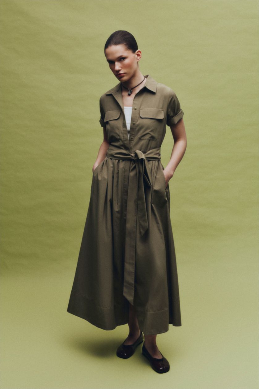 Kadın Haki A Kesim Gömlek Yaka Terry Cotton Kısa Kollu Midi Elbise