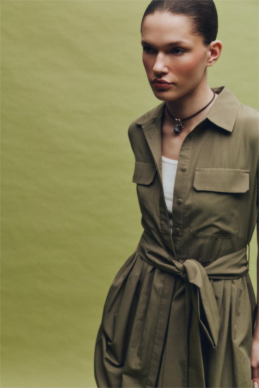 Kadın Haki A Kesim Gömlek Yaka Terry Cotton Kısa Kollu Midi Elbise