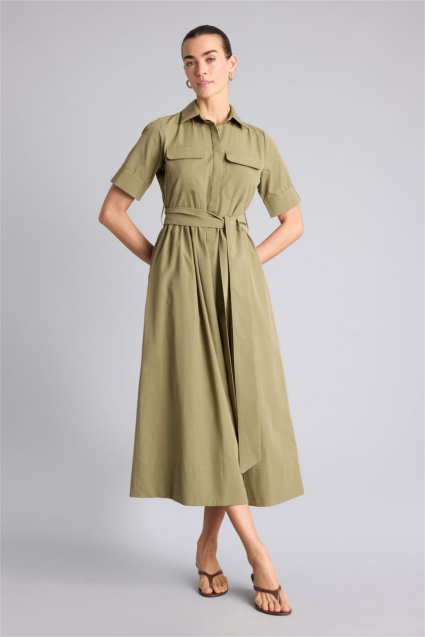 Kadın Haki A Kesim Gömlek Yaka Terry Cotton Kısa Kollu Midi Elbise