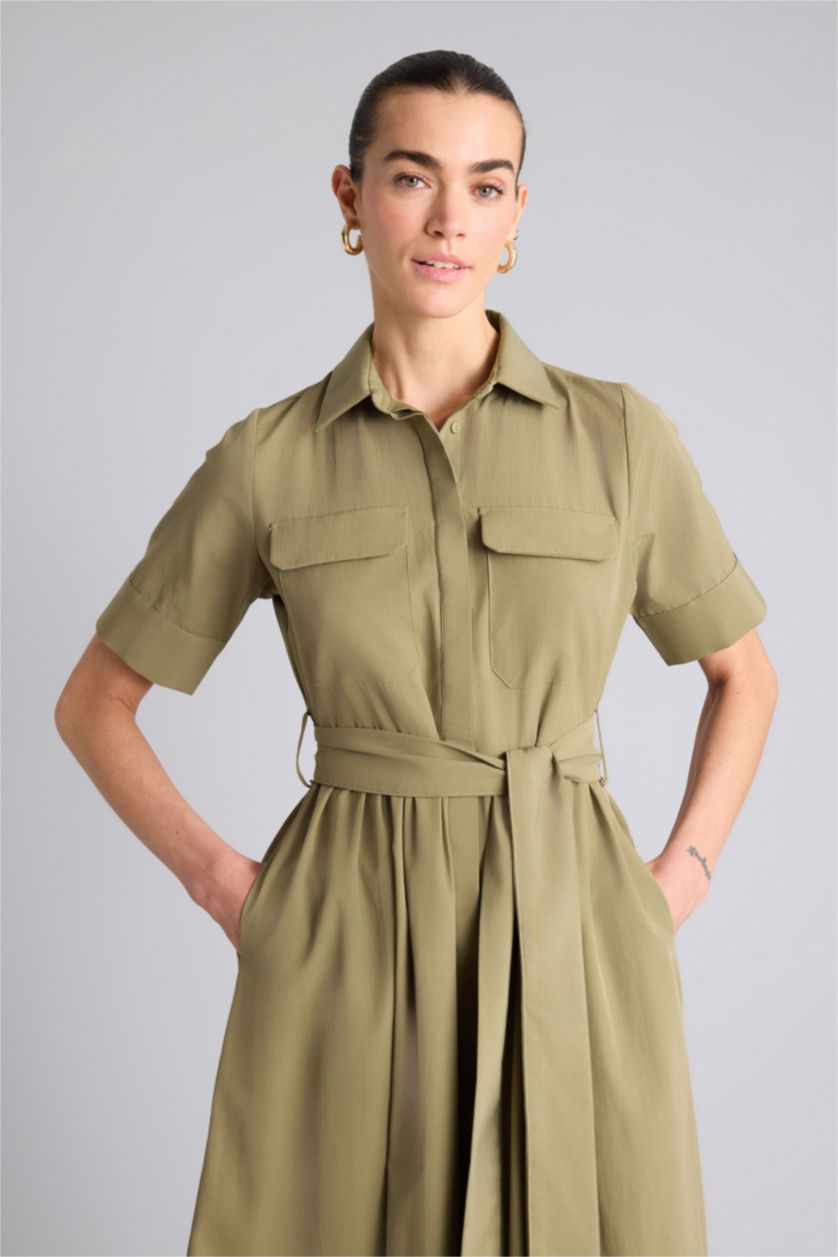 Kadın Haki A Kesim Gömlek Yaka Terry Cotton Kısa Kollu Midi Elbise