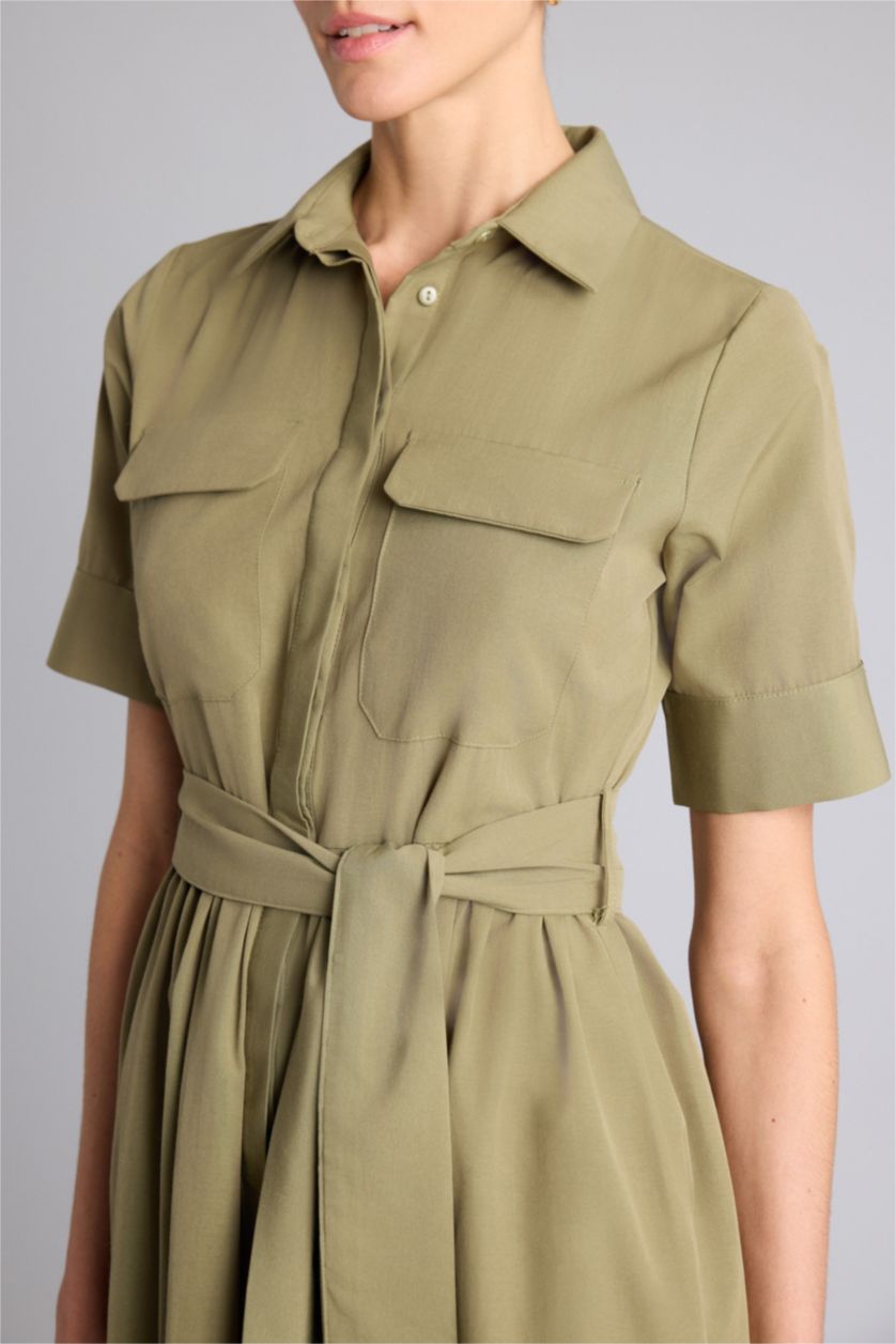 Kadın Haki A Kesim Gömlek Yaka Terry Cotton Kısa Kollu Midi Elbise