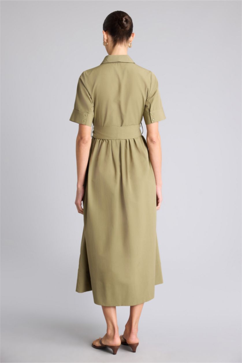 Kadın Haki A Kesim Gömlek Yaka Terry Cotton Kısa Kollu Midi Elbise