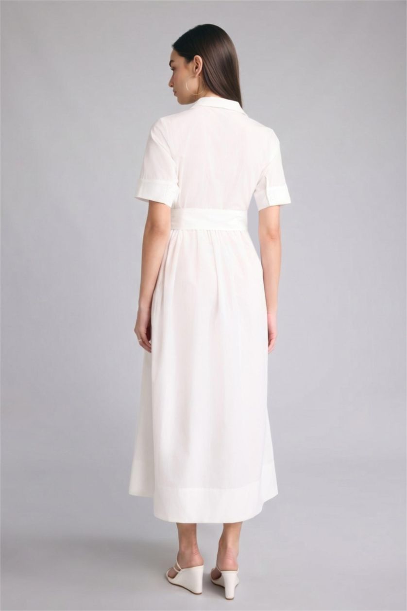 Kadın Kırık Beyaz A Kesim Terry Cotton Kısa Kollu Midi Elbise