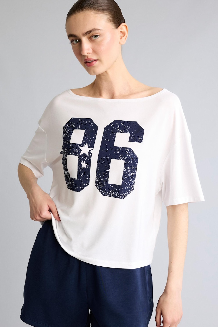 Women White Loose Fit Boat Collar Slogan Modal Short Sleeve T-Shirt