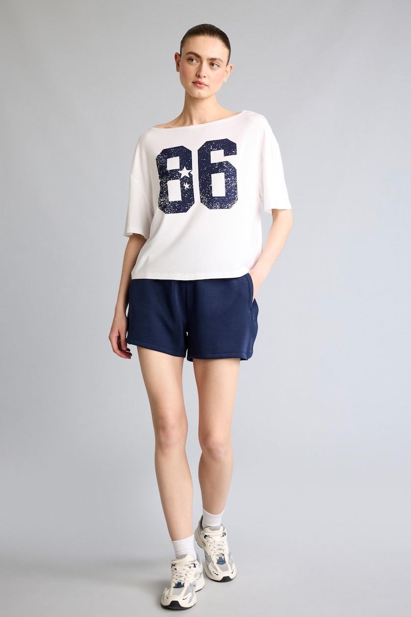 Women White Loose Fit Boat Collar Slogan Modal Short Sleeve T-Shirt