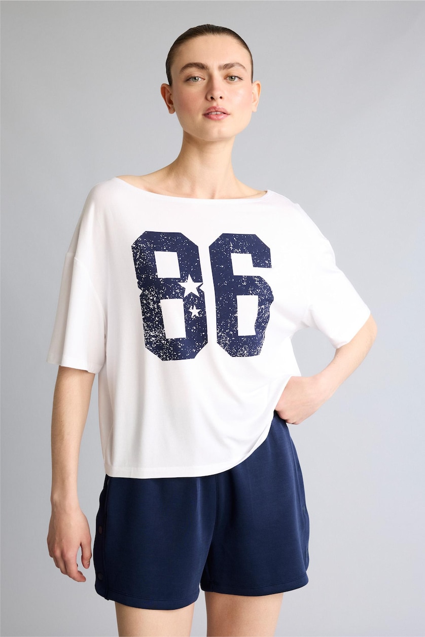 Women White Loose Fit Boat Collar Slogan Modal Short Sleeve T-Shirt