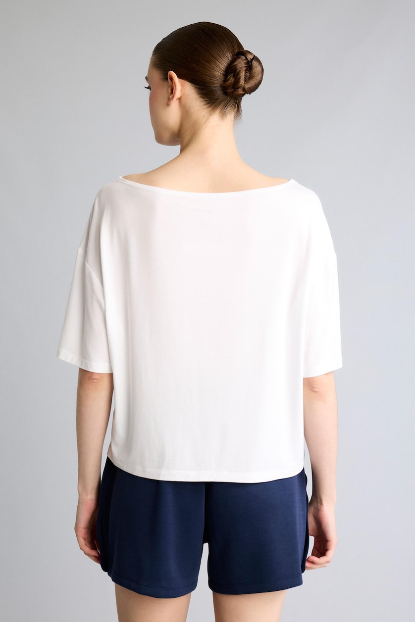 Women White Loose Fit Boat Collar Slogan Modal Short Sleeve T-Shirt